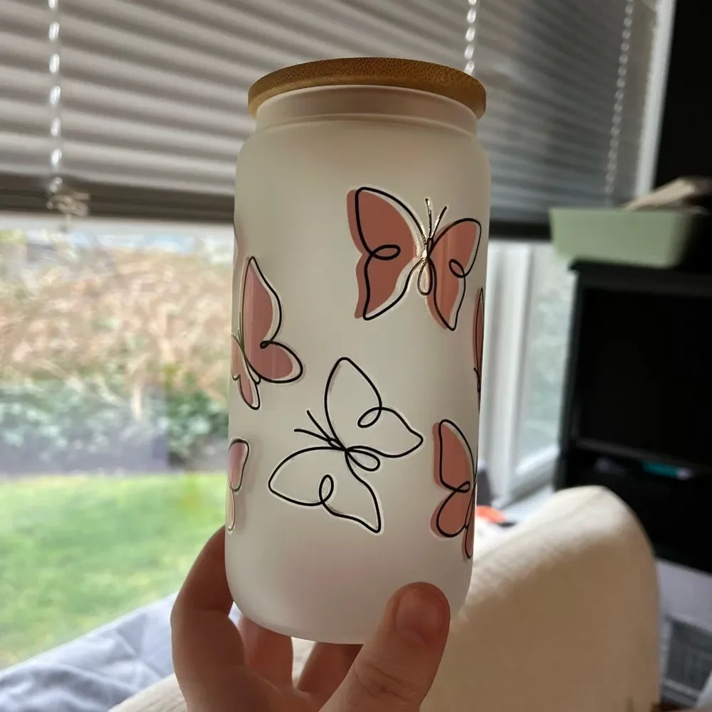 Butterfly Frosted Glass Cup with Bamboo Lid‎ NEW 16 oz